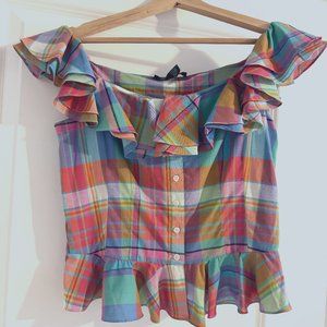 Ralph Lauren Lauren Ruffle Western Country Patchwork Tartan Top